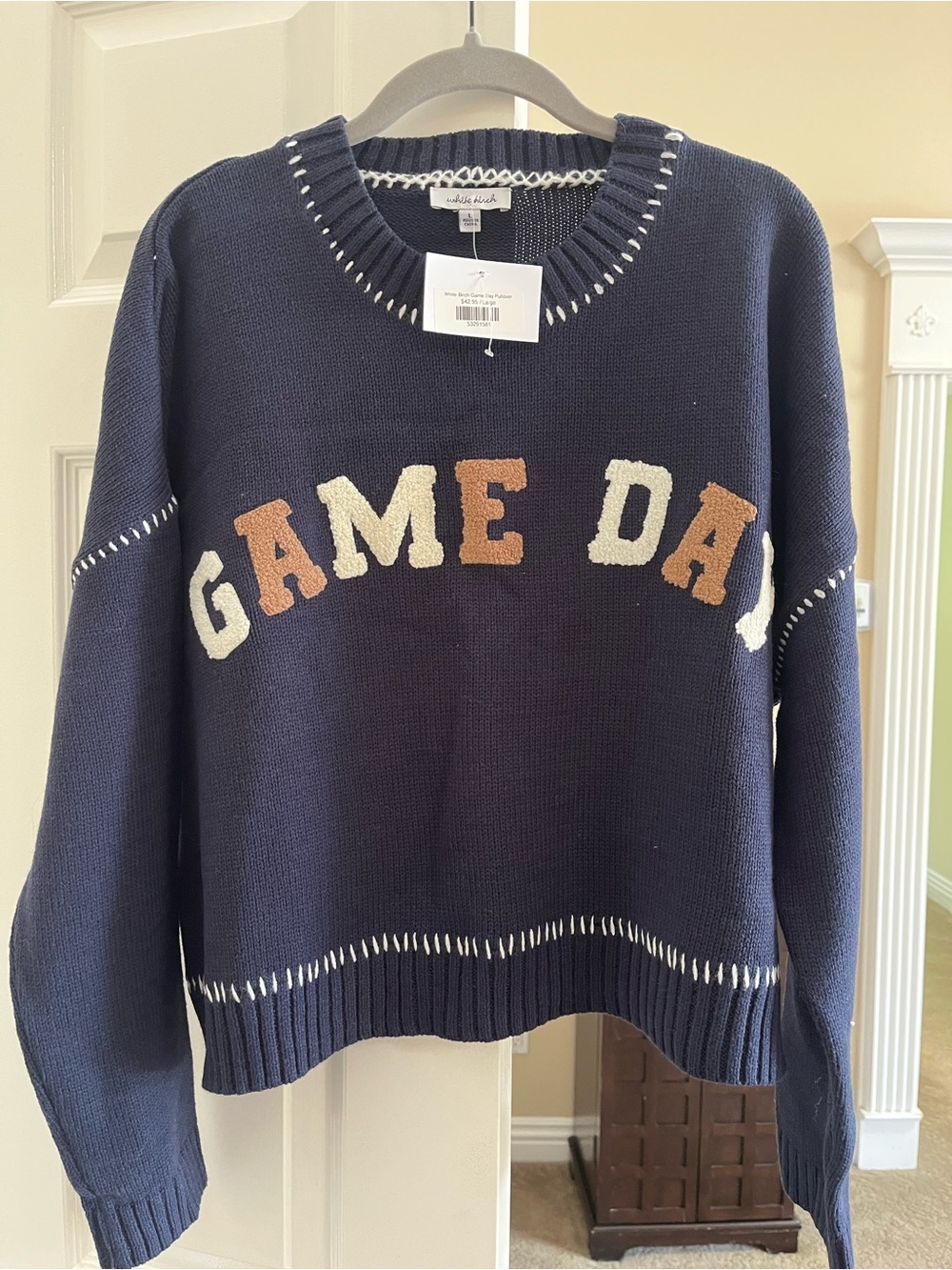 white birch Navy Knit Pullover with Contrast Stitching Game Day Football 🏈